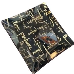 Nordstrom Gold & Black Glass "J'adore Le Parfum" Vanity Tray 9X9"